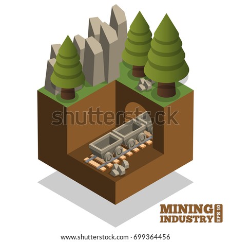 Mining industry. Underground tunnel. Vector illustration. Isometric.
