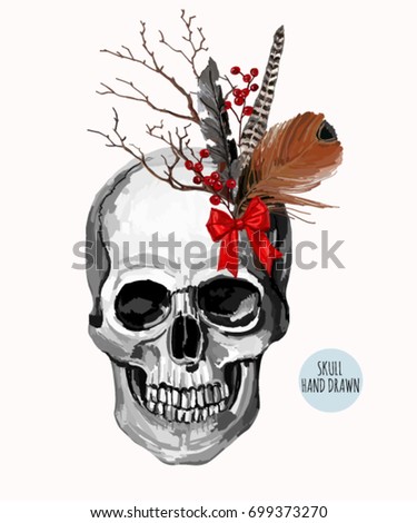 Scary hand drawn illustration background with  sugar skull, feathers, branches  on a white background. Vector illustration.