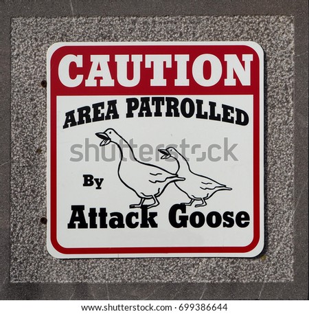 Caution area patrolled by attack goose. Sign isolated on granite stone at farm entrance