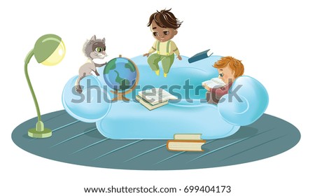 Two kids in group studying inside a house on a light blue couch and with a cat with a globe, on a white background. Vector illustration.