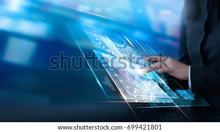 Hand touching virtual interface customer, technology innovation, business virtual concept, all on screen and credit card are design up
