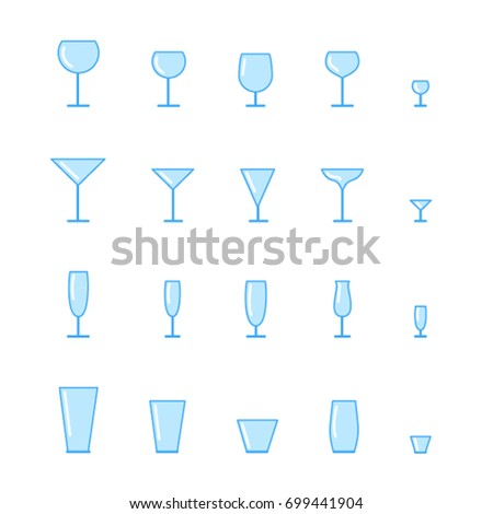  A set of glassware icons. Transparent glasses of different sizes. Glassware for alcohol.