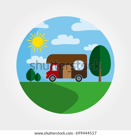 Trailer. House on wheels. Logotype recreation in nature. Camping. Icon for web and mobile application. Logotype. Badge. Vector illustration on a white background. Flat design style.