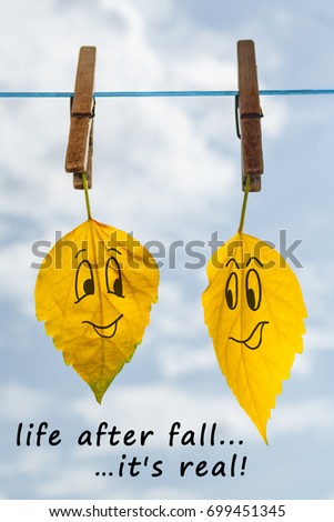 Funny diagonal of two yellowed leaves on a clothespin a background of cloudy sky (concept, motivator)