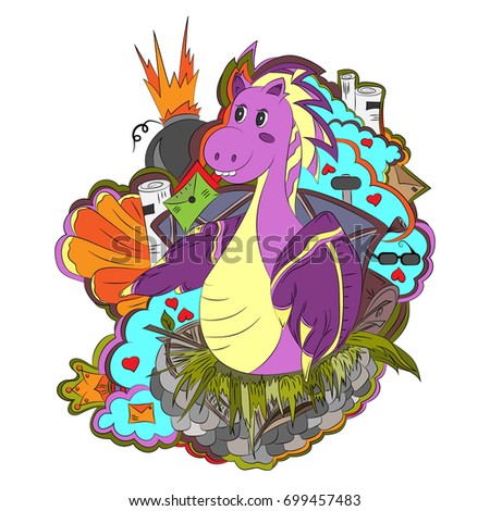 Dragon in the clouds. Vector illustration, bright, hand-drawn