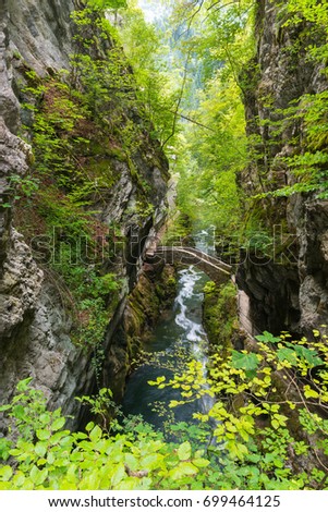 Stone bridge over the River Areuse, Jura Switzerland
