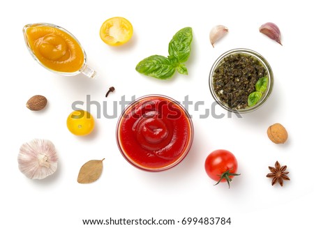 set of dip sauces in bowl isolated on white background Royalty-Free Stock Photo #699483784
