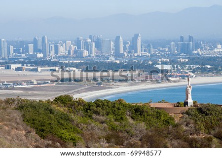 Juan Rodriguez Cabrillo statue and panorama of San Diego, California