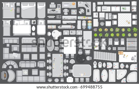 Icons set of interior. Furniture top view. Elements for the floor plan. (view from above). Furniture and elements for living room, bedroom, kitchen, bathroom, office. Royalty-Free Stock Photo #699488755