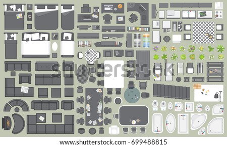 Icons set of interior. Furniture top view. Elements for the floor plan. (view from above). Furniture and elements for living room, bedroom, kitchen, bathroom, office. Royalty-Free Stock Photo #699488815