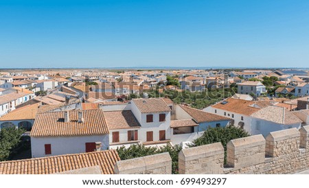      Saintes-Maries-de-la-Mer in Camargue, panorama of the town, tiles roofs, and the swamps, view from the church 