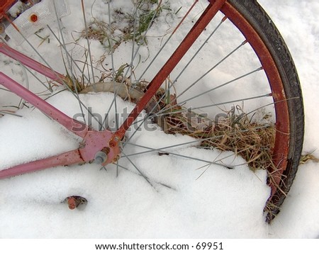 Close up of a rotting bicycle left in the snow.