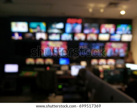 Blur image video switch of Television Broadcast, working with video and audio mixer, control broadcasts in recording studio.