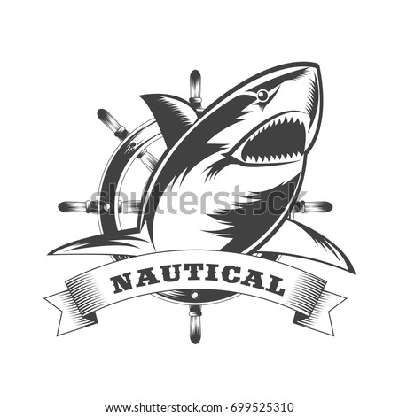 Marine nautical retro vintage logo with sharks, anchors, ship steering wheel and compass rose. Vector illustration.