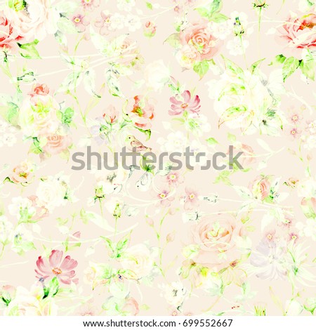 Seamless watercolor rose pattern, grass and wildflowers H