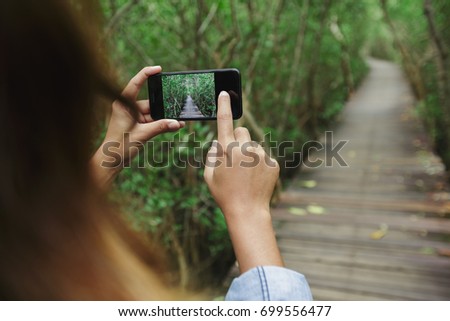 using phone taking photo in mangrove footpath