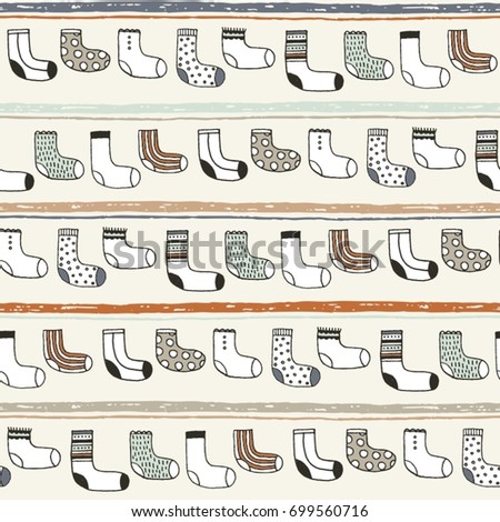 Pastel seamless pattern with funny socks and horizontal lines. Hand drawn illustration in vector. Childish background can be used for textile design, wallpapers and wrapping paper