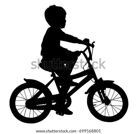 Little boy riding bicycle vector silhouette illustration isolated on white background. Kid enjoying in bike drive. Child active outdoor. Leisure time. Happy boy with favorite toy, gift for birthday.