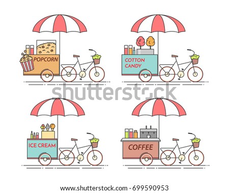 Food and drink kiosk bicycles set - various carts on wheels with sweet desserts and hot coffee. Flat line vector illustration of takeaway food service.