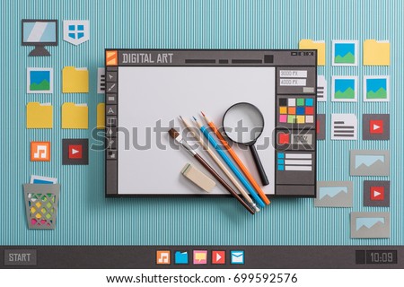 Graphic design software user interface with real tools, creativity and communication concept, collage and paper cut composition