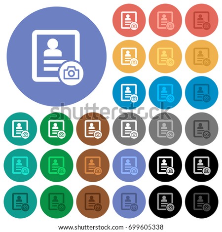 Contact profile picture multi colored flat icons on round backgrounds. Included white, light and dark icon variations for hover and active status effects, and bonus shades on black backgounds.
