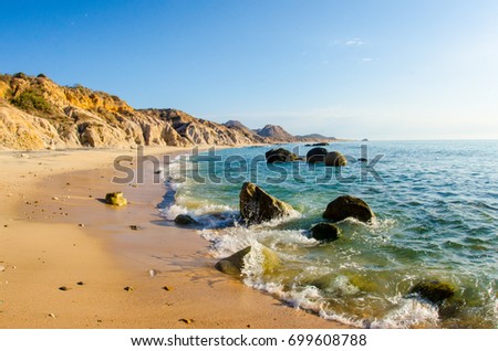 Scenics from the beaches of the sea of cortez, where the desert meets the sea, Baja California sur Mexico.