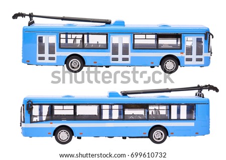 Modern trolleybus toy isolated on white background. Royalty-Free Stock Photo #699610732