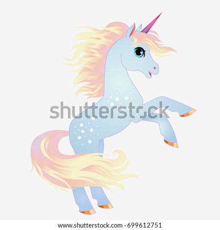 Unicorn vector  illustration. Magic fantasy horse design for children t-shirt and bags. Childish character blue unicorn with gold hair