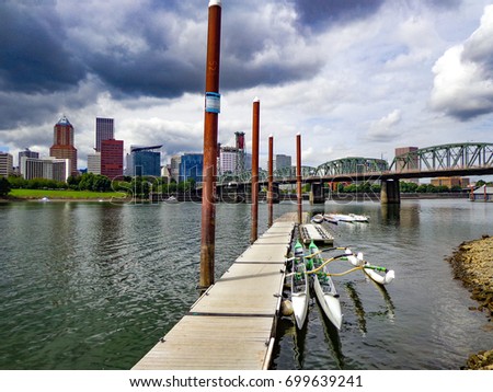 Canoes on the Willamette River in Portland, Oregon - USA 