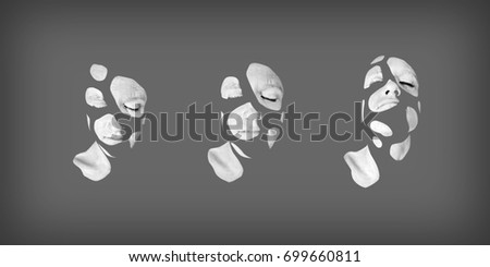 Creative makeup. Conceptual idea of bold body art painting. Set of abstract picture with white spots on male face.