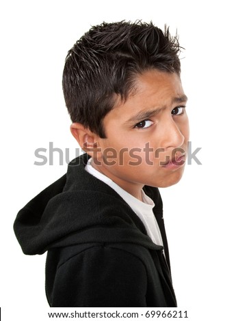 Whiny or sad Hispanic male on white background