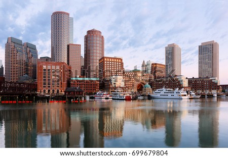 Boston Financial District at Sunrise viewing from Fan Pier Park, Boston, Massachusetts, USA