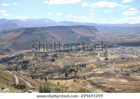Colca valley panoramic view during the dry season, at noon, Peru Royalty-Free Stock Photo #699691099