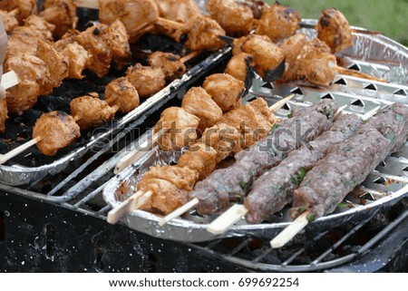 Grilled meat on skewers roasted on the grill, BBQ, picnic