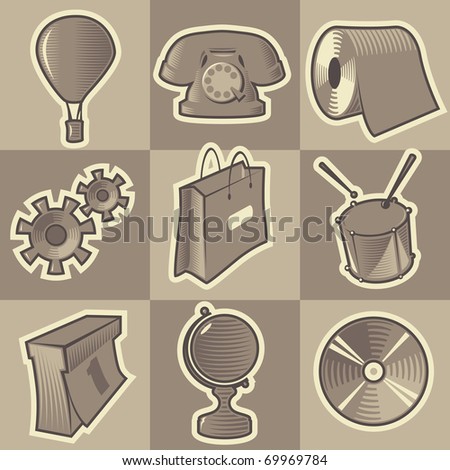 Set of monochrome miscellaneous retro icons. Hatched in style of engraving. Raster version. Vector version is also available.