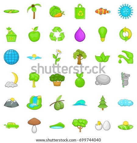 Green plant icons set. Cartoon style of 36 green plant vector icons for web isolated on white background