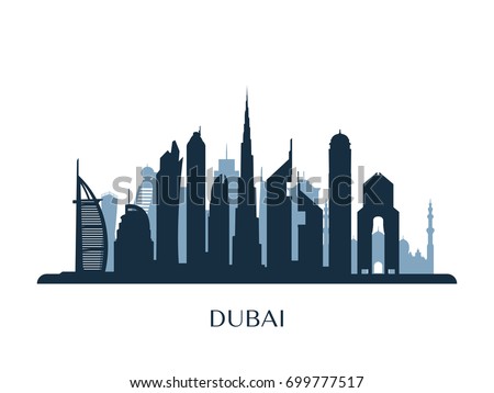 Dubai skyline, monochrome silhouette. Vector illustration. Royalty-Free Stock Photo #699777517
