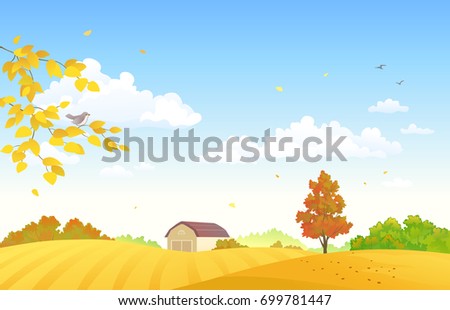 Vector cartoon illustration of autumn farm fields