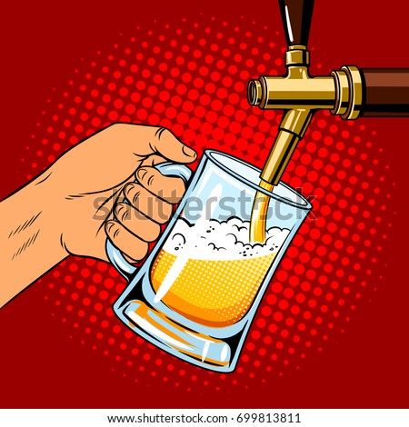 Man pours beer into glass from beer tap pop art hand drawn vector illustration.