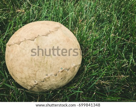 Close up old softball on green grass background in daylight / With Copy Space