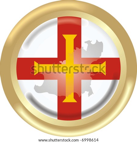 art illustration: round gold medal with map and flag of guernsey