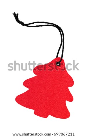Red christmas tree tag with black rope on white background.