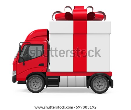 Delivery Van with Gift Box Isolated. 3D rendering