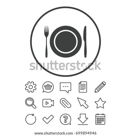 Plate dish with fork and knife. Eat sign icon. Cutlery etiquette rules symbol. Document, Chat and Paper clip line signs. Question, Pencil and Calendar line icons. Star, Download and Shopping cart