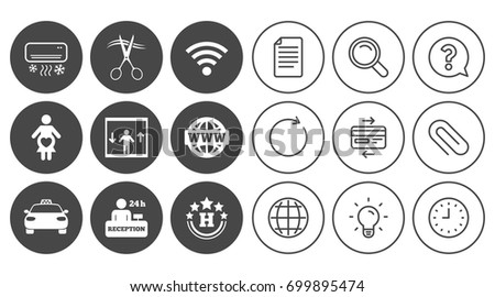 Hotel, apartment service icons. Barbershop sign. Pregnant woman, wireless internet and air conditioning symbols. Document, Globe and Clock line signs. Lamp, Magnifier and Paper clip icons. Vector