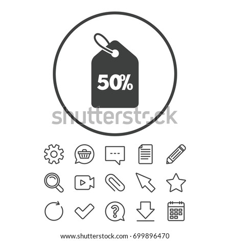 50% sale price tag sign icon. Discount symbol. Special offer label. Document, Chat and Paper clip line signs. Question, Pencil and Calendar line icons. Star, Download and Shopping cart. Vector