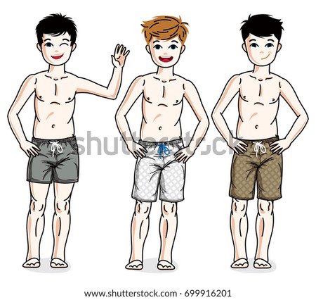 Pretty child boys standing in colorful stylish beach shorts. Vector set of beautiful kids illustrations. Childhood and family lifestyle clip art.