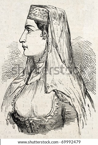 Antique illustration of Persian woman from Tabriz. Original, engraved on drawing of E. Duhousset, was published on L'Illustration, Journal Universel, Paris, 1860