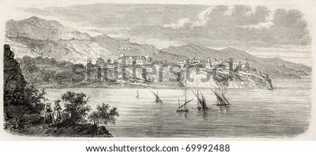 Antique illustration of Principality of Monaco coast. Original, from drawing of Gaildrau, after sketch of Ludovic D'Hastrel, published on L'Illustration, Journal Universel, Paris, 1860