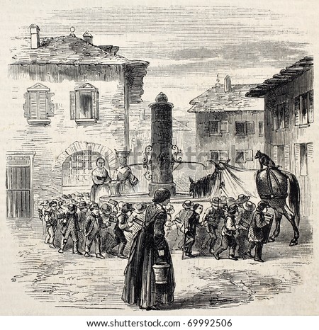 Thonon-les-Bains, France: people reaction against annexation to Suisse. Engraved on drawing Lhernault, after sketch of Ferat,  published on L'Illustration, Journal Universel, Paris, 1860